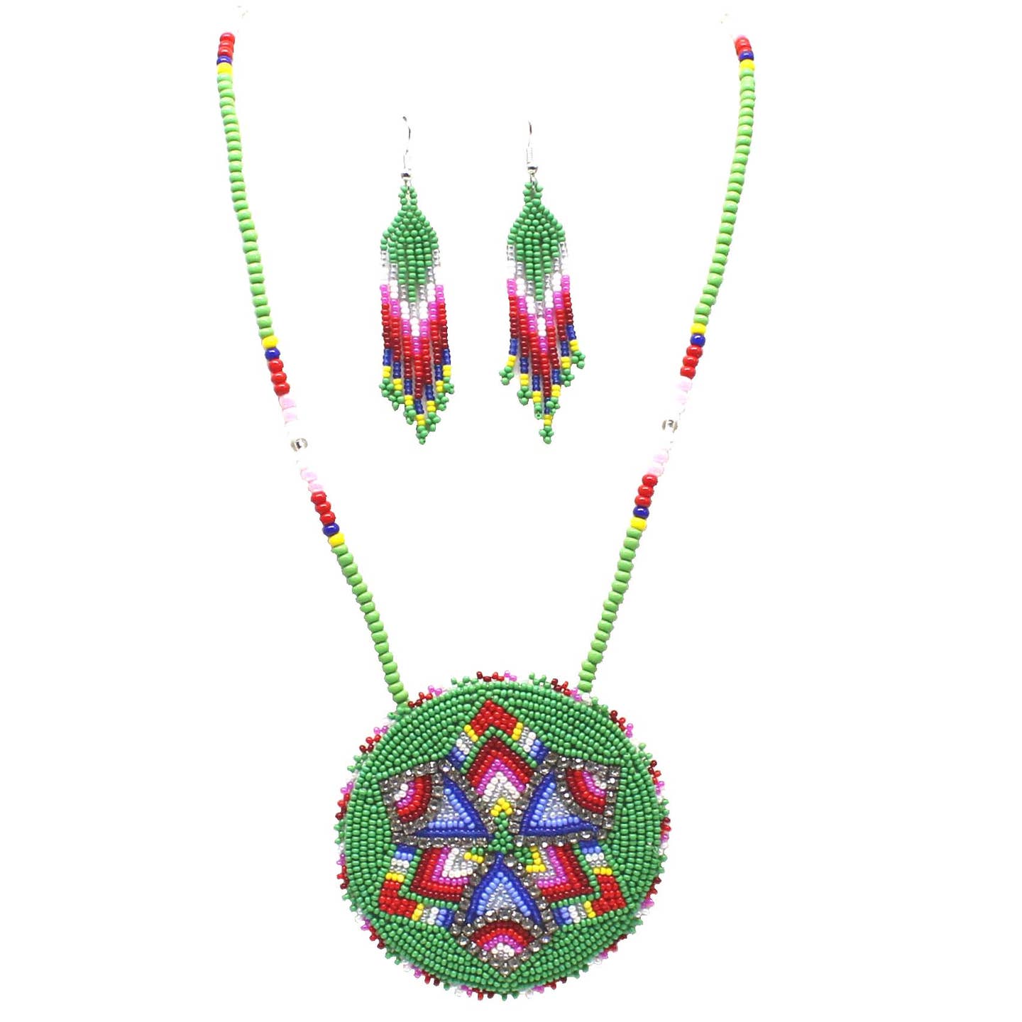 Beaded - Green Red Star - Necklace Earrings Set