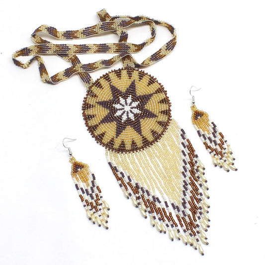 Beaded Medallion - Earrings Set-  Rosette Pendant - Brown Beige