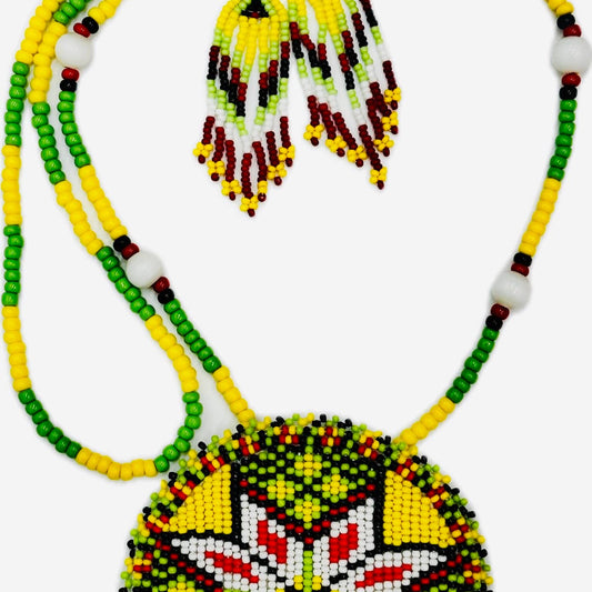 Beaded - Yellow Flower Medallion - Necklace Earrings Set