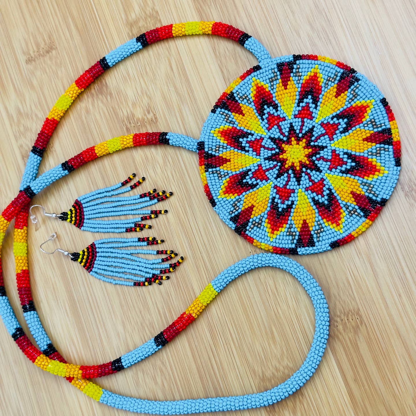 Cyan Blue Fire - Sunburst - Beaded Pendant Necklace - Earrings Set