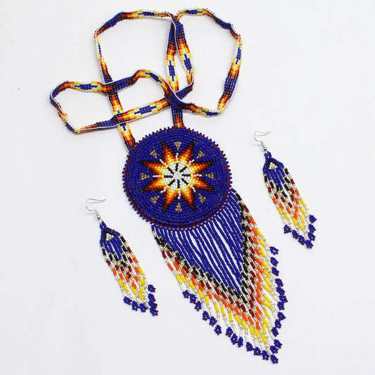 Beaded Medallion- Earrings - Rosette Pendant - Deep Blue Sunburst