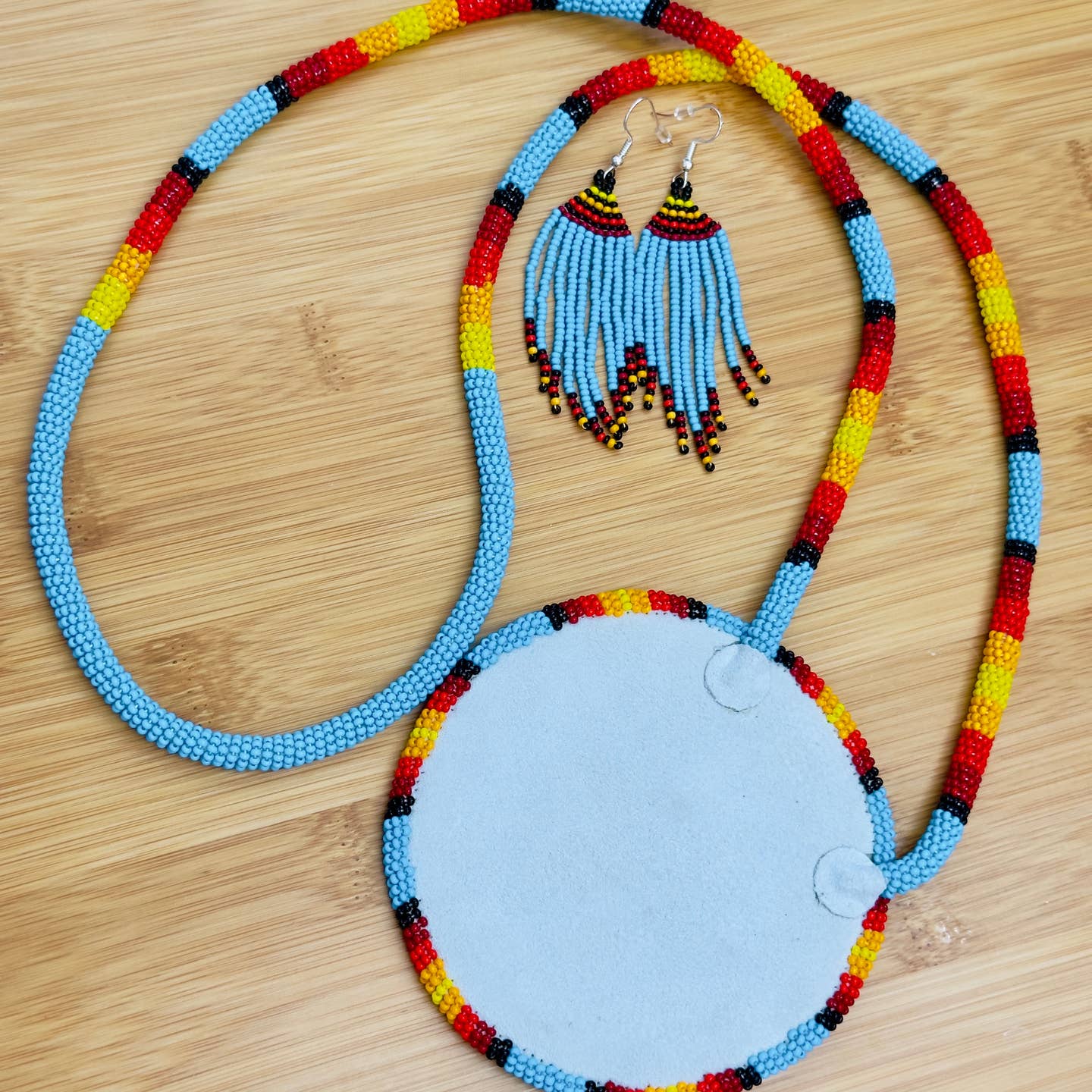 Cyan Blue Fire - Sunburst - Beaded Pendant Necklace - Earrings Set
