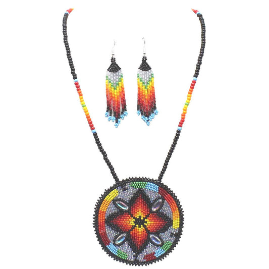 Beaded - Multicolor Flower - Necklace Earrings Set