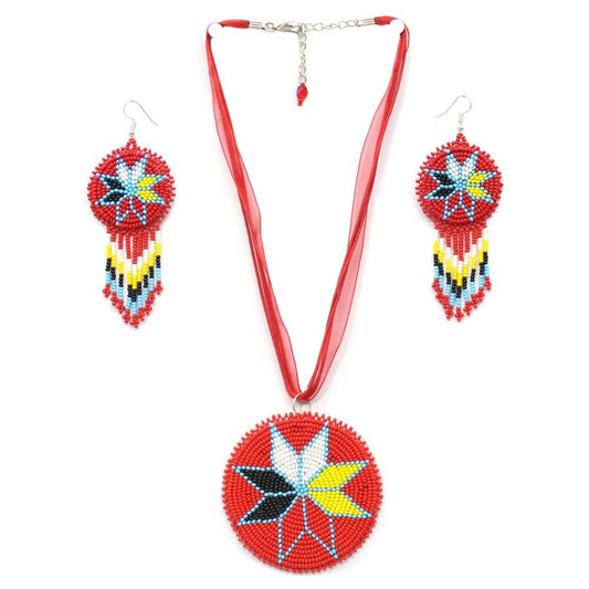 Beaded - Red Rosette 4 Directions - Pattern Pendant Necklace - Earrings Set