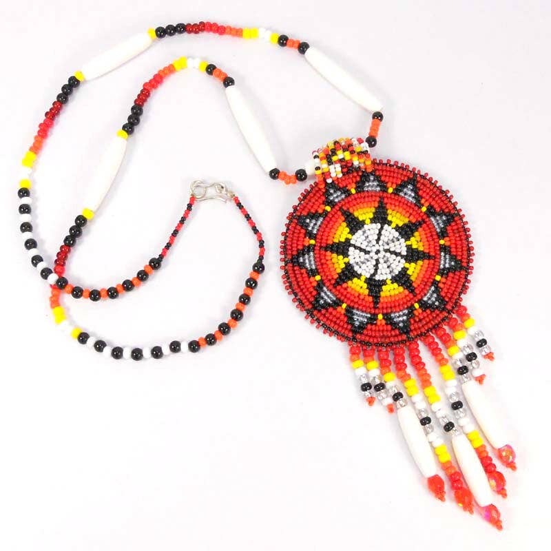 Red Seed Beads - Long Medallion - Star Fire Color - Beaded Necklace Earrings Set