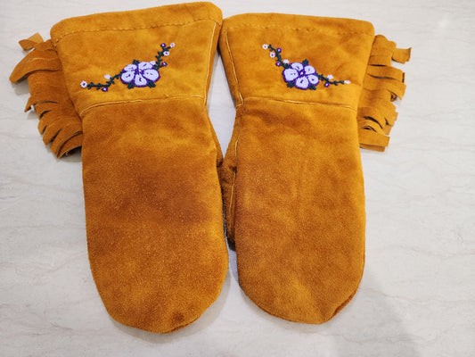 Handcrafted Leather Seude  Mitts with Dangle Fringe & Beaded Flower Design