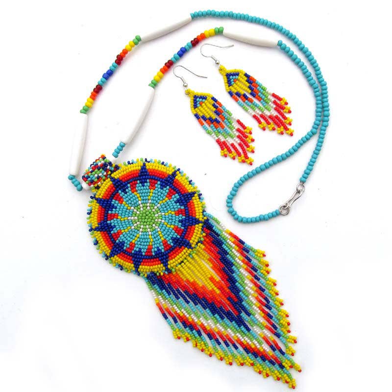 Yellow Blue Seed - Beaded Star Necklace Medallion - Earring Set