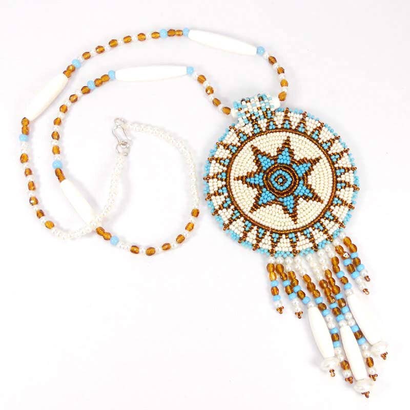 White Turquoise - Seed Bead - Long Star Medallion - Necklace Earrings Set