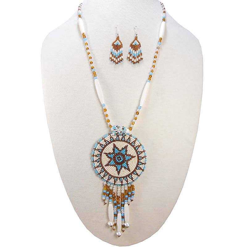 White Turquoise - Seed Bead - Long Star Medallion - Necklace Earrings Set