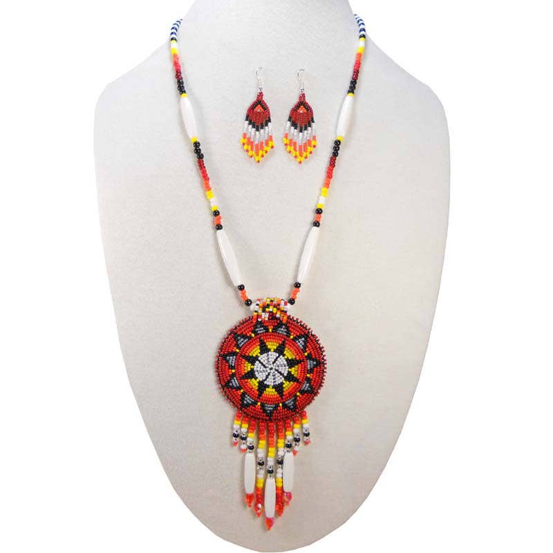 Red Seed Beads - Long Medallion - Star Fire Color - Beaded Necklace Earrings Set