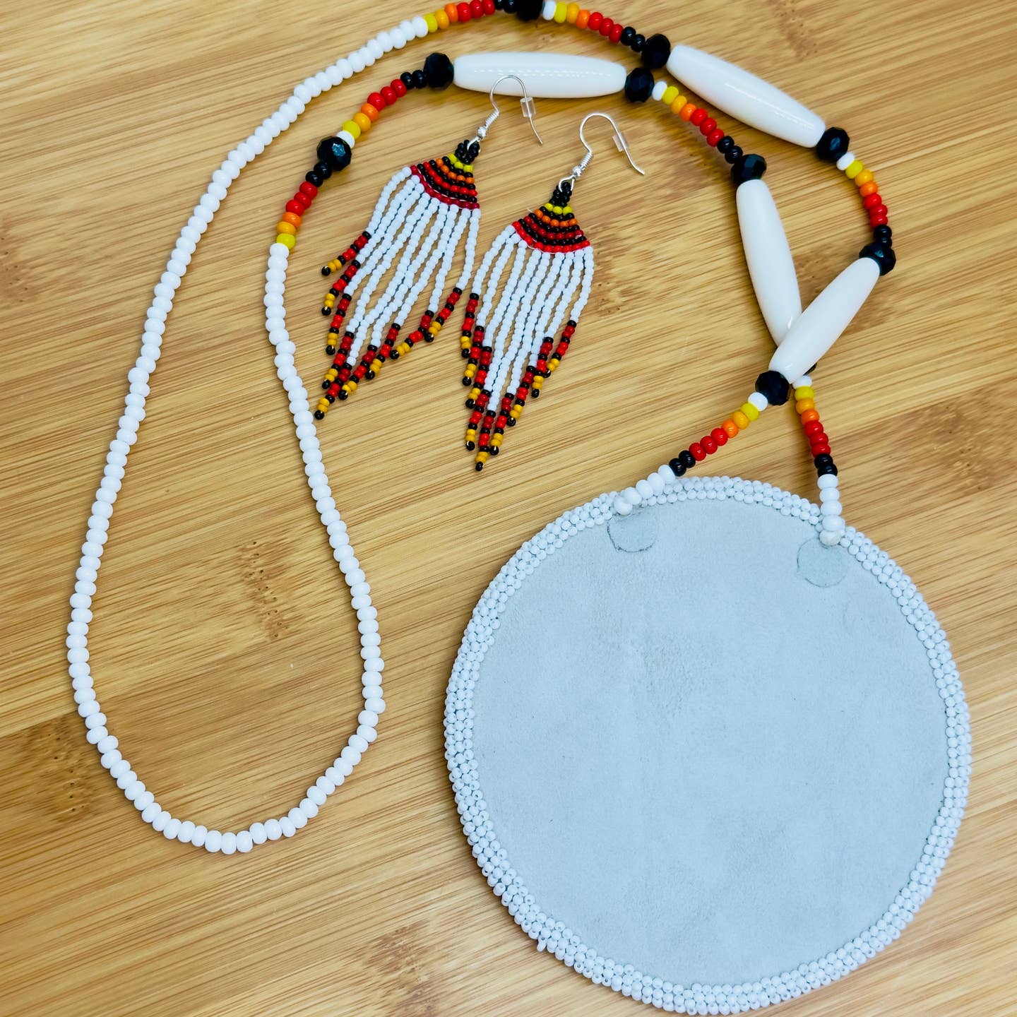 White Red - Beaded - Necklace Earrings Set with Pendant
