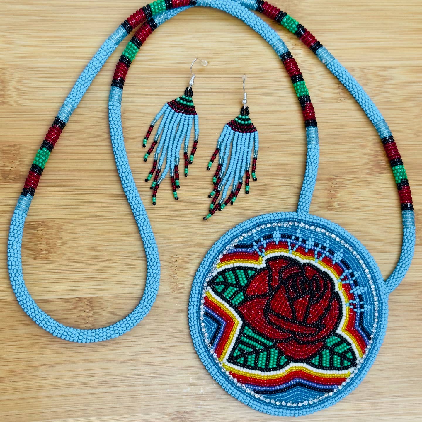 Red Rose Blue - Beaded Pendant Necklace - Earrings Set
