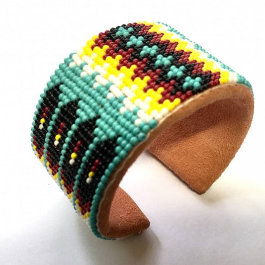 Beaded - Blue Fire Pattern -  Hard Cuff - Leather Bracelet - South Western Style