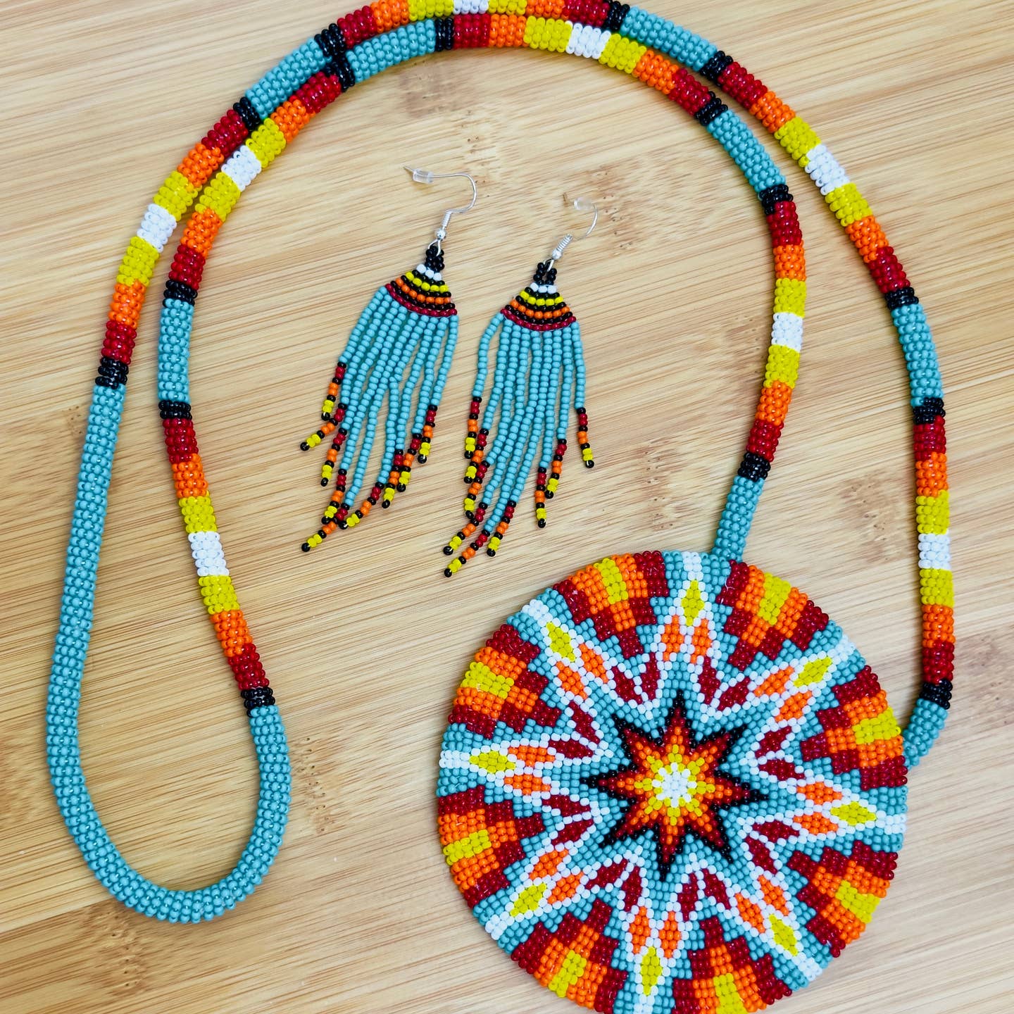 Sea Green - Multi Color Sunburst - Beaded Pendant Necklace - Earrings Set