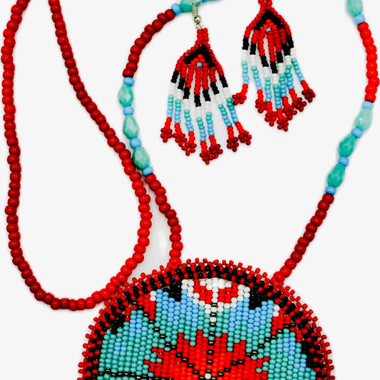 Beaded - Red Flower - Necklace Earrings Set