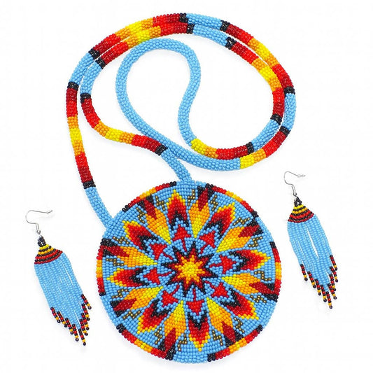 Cyan Blue Fire - Sunburst - Beaded Pendant Necklace - Earrings Set