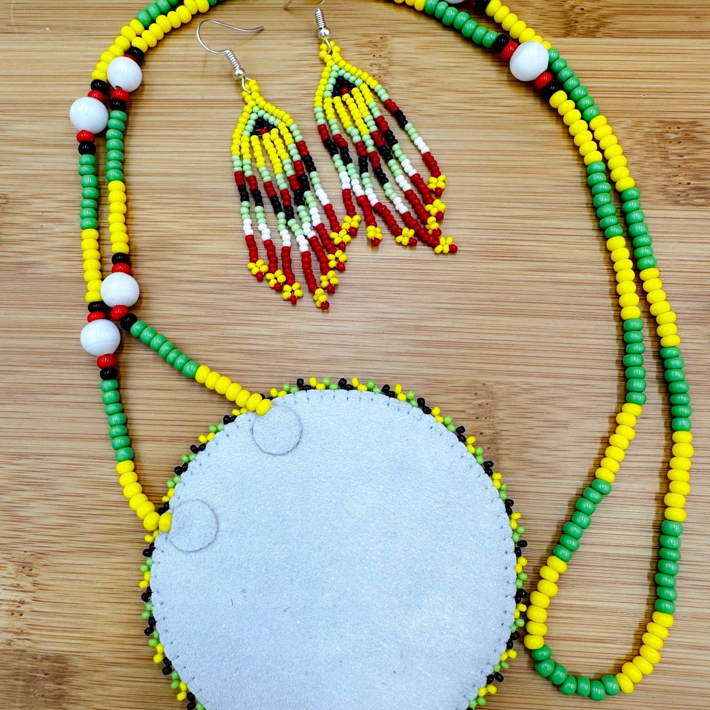 Beaded - Yellow Flower Medallion - Necklace Earrings Set