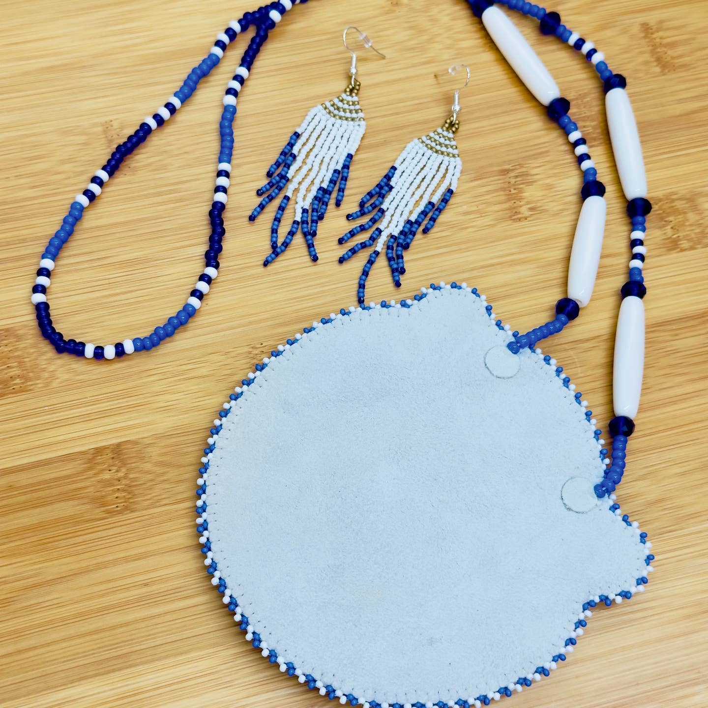 Blue White - Beaded Roaring Bear - Pendant Necklace & Earrings Set