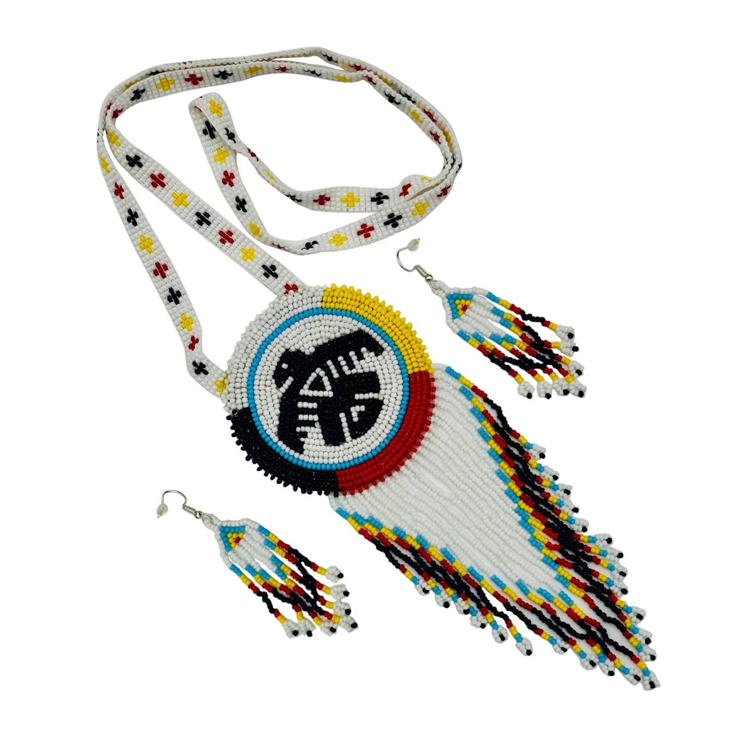Parure Collier et Boucles d'Oreilles Faits Main en Perles avec Pendentif Rosette de 5 à 7,5 cm - Oiseau-Tonnerre à 4 Directions