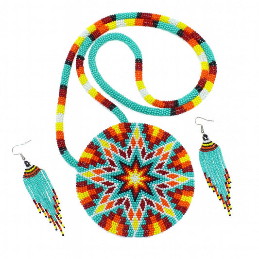 Sea Green - Multi Color Sunburst - Beaded Pendant Necklace - Earrings Set