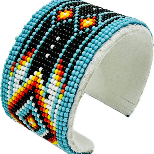 Beaded - Cyan Blue - Diamond Pattern - Hard Cuff Bracelet