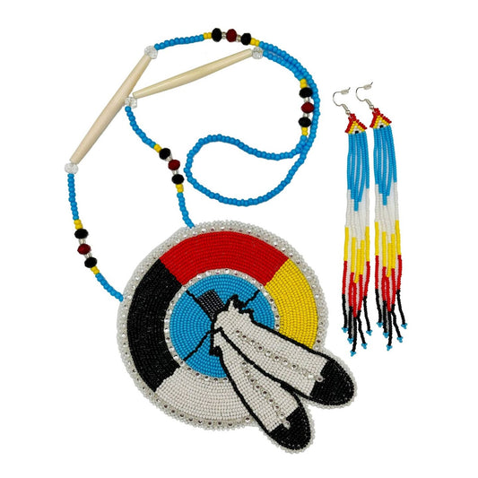 Handgemachtes Perlenkette-Ohrring-Set mit großem 5-Zoll-Rosettenanhänger