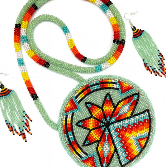 Hellgrün Feuer Sonnenstrahl Tipi Perlenanhänger Halskette & Ohrringe Set
