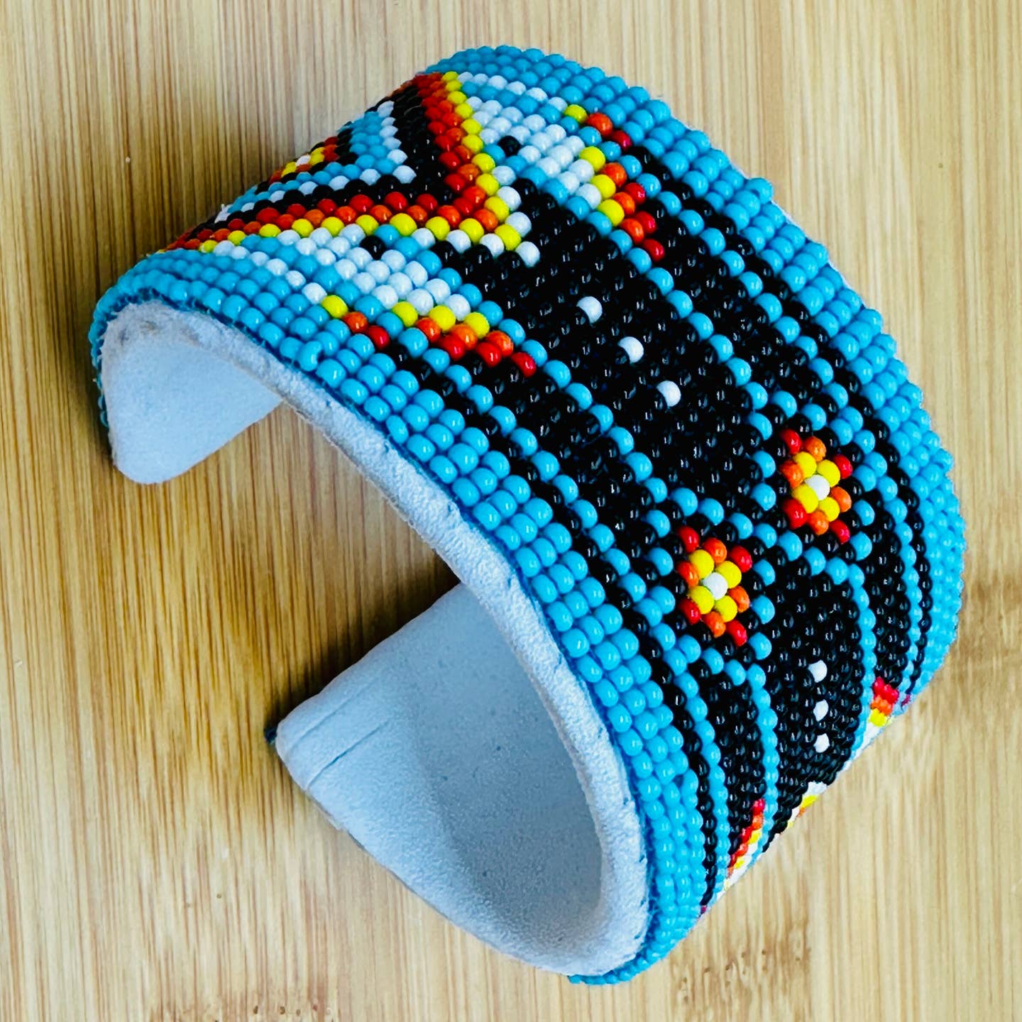 Beaded - Cyan Blue - Diamond Pattern - Hard Cuff Bracelet