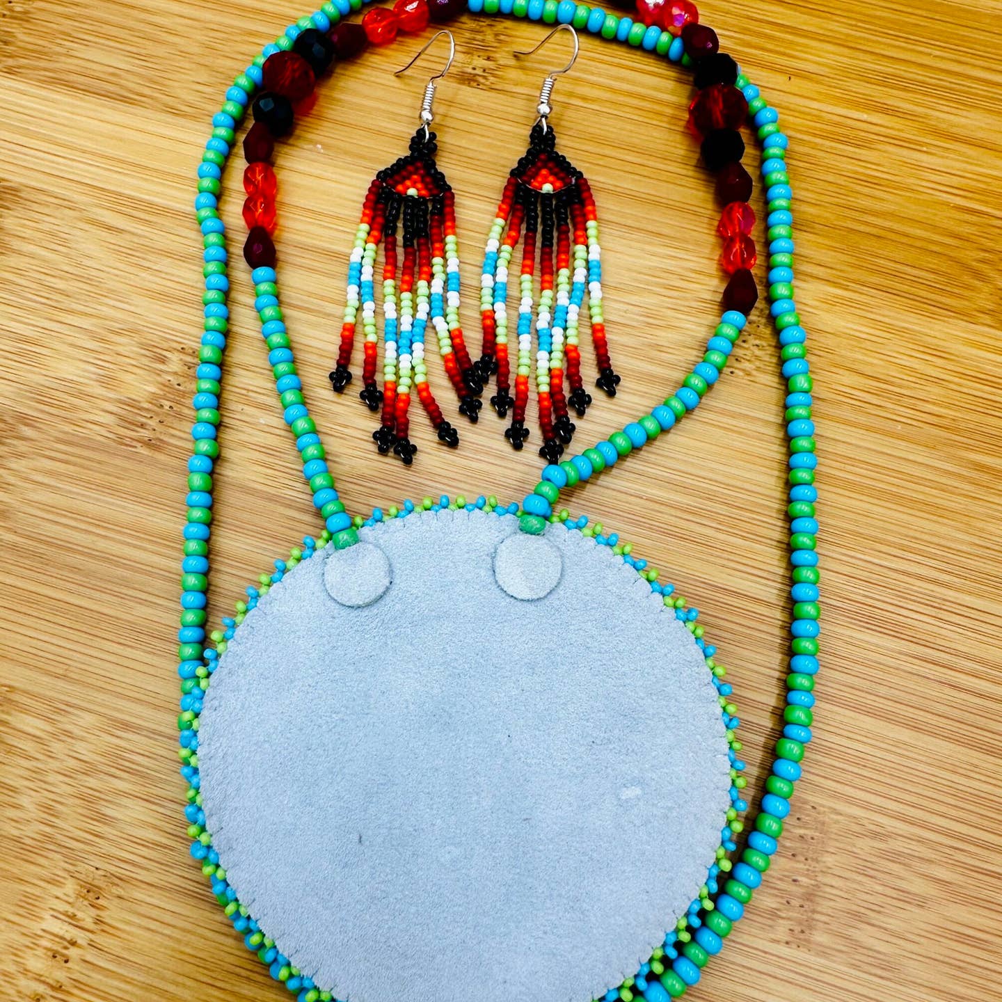 Beaded - Green Orange - Medallion Necklace - Earrings Set