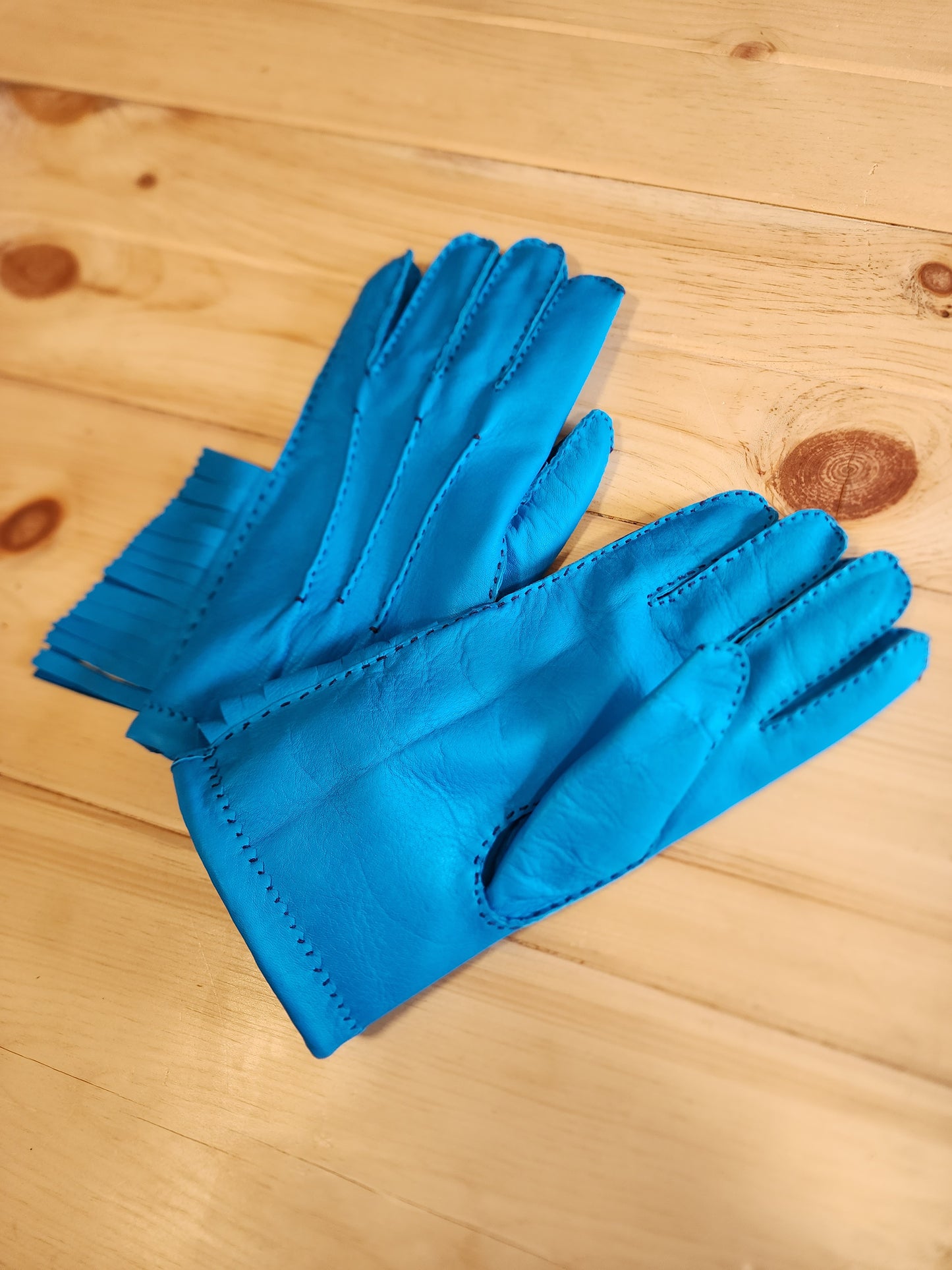 Large - Blue Leather - Gloves with Fringe