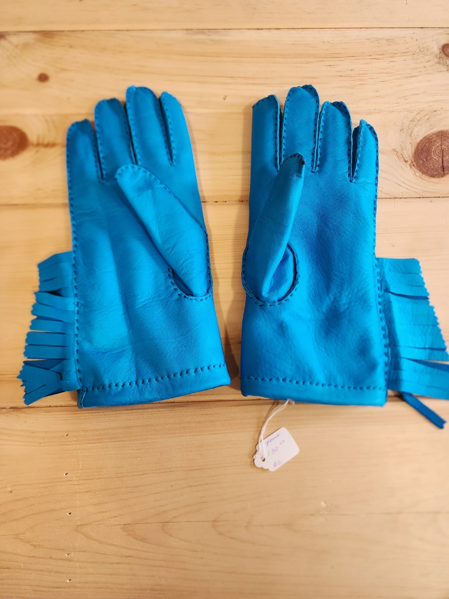 Large - Blue Leather - Gloves with Fringe