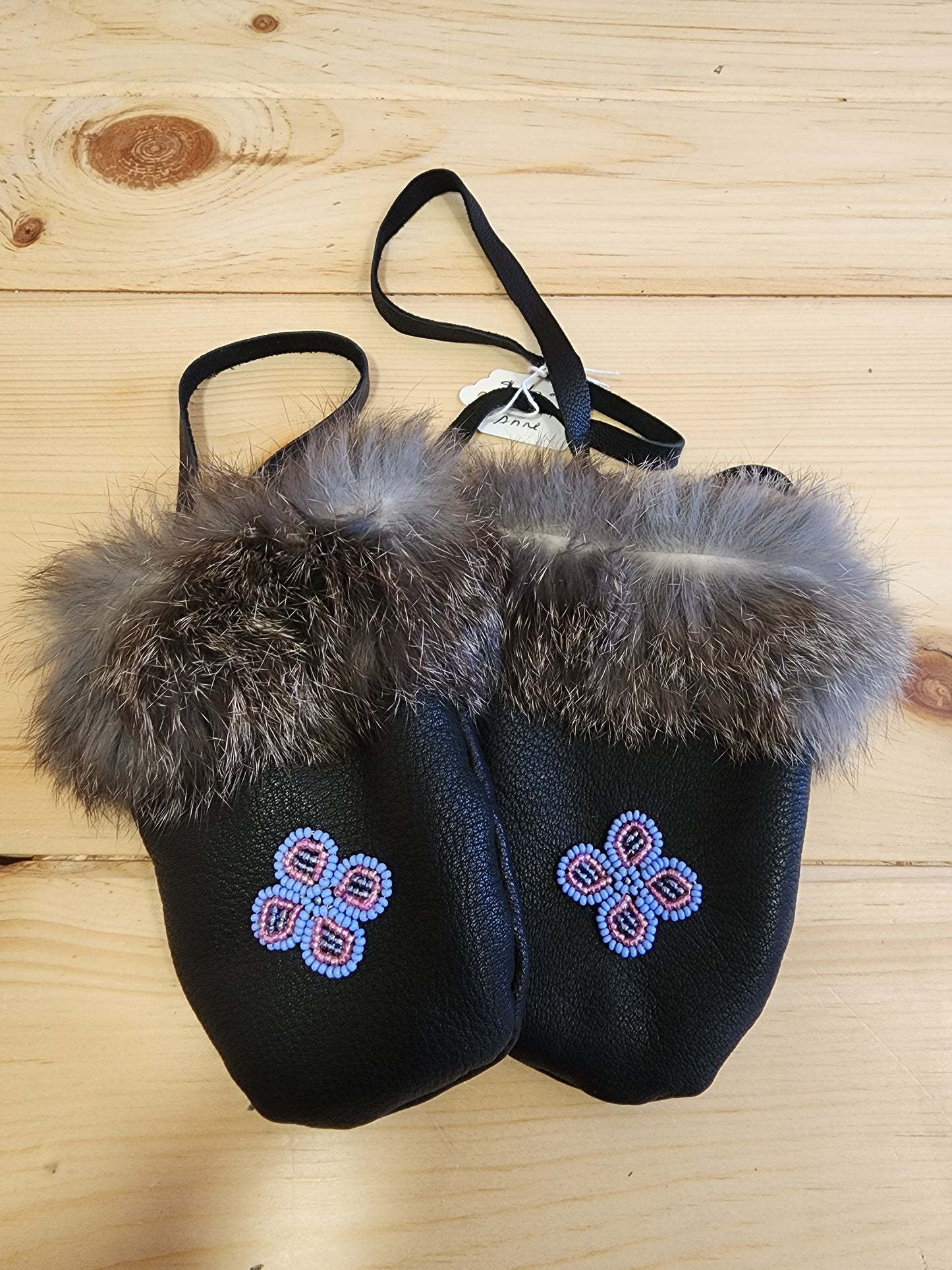 Infant - Black mittens with Rabbit Fur and Beaded Flower