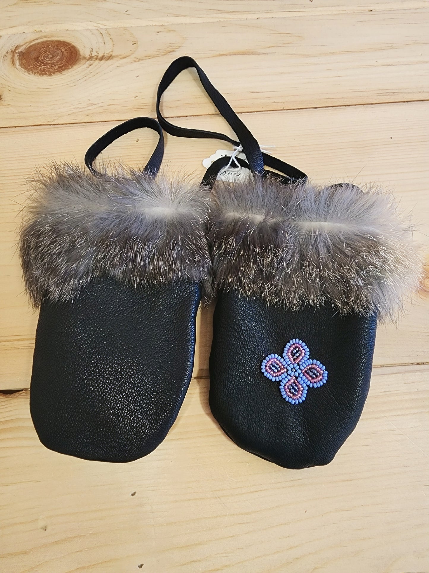 Infant - Black mittens with Rabbit Fur and Beaded Flower