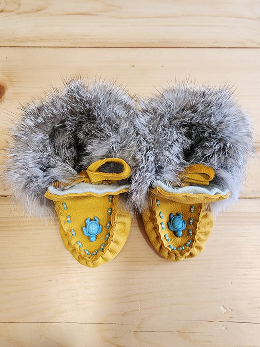 Leather Moccasins - size 1 (U.S.) - with Beaded Design and Rabbit Fur