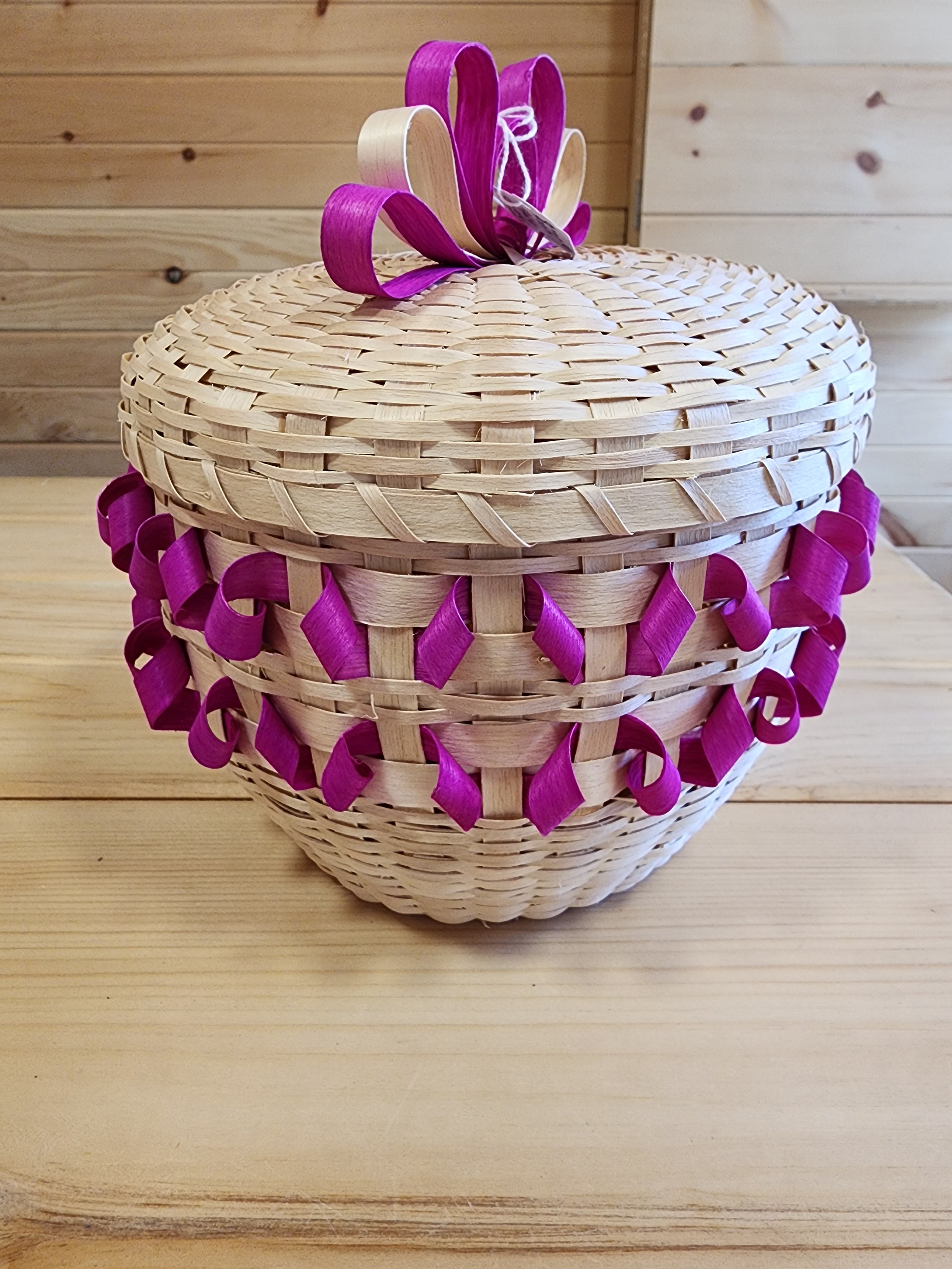 Large Ash Basket with Lid and Pink Design KC S Black Ash