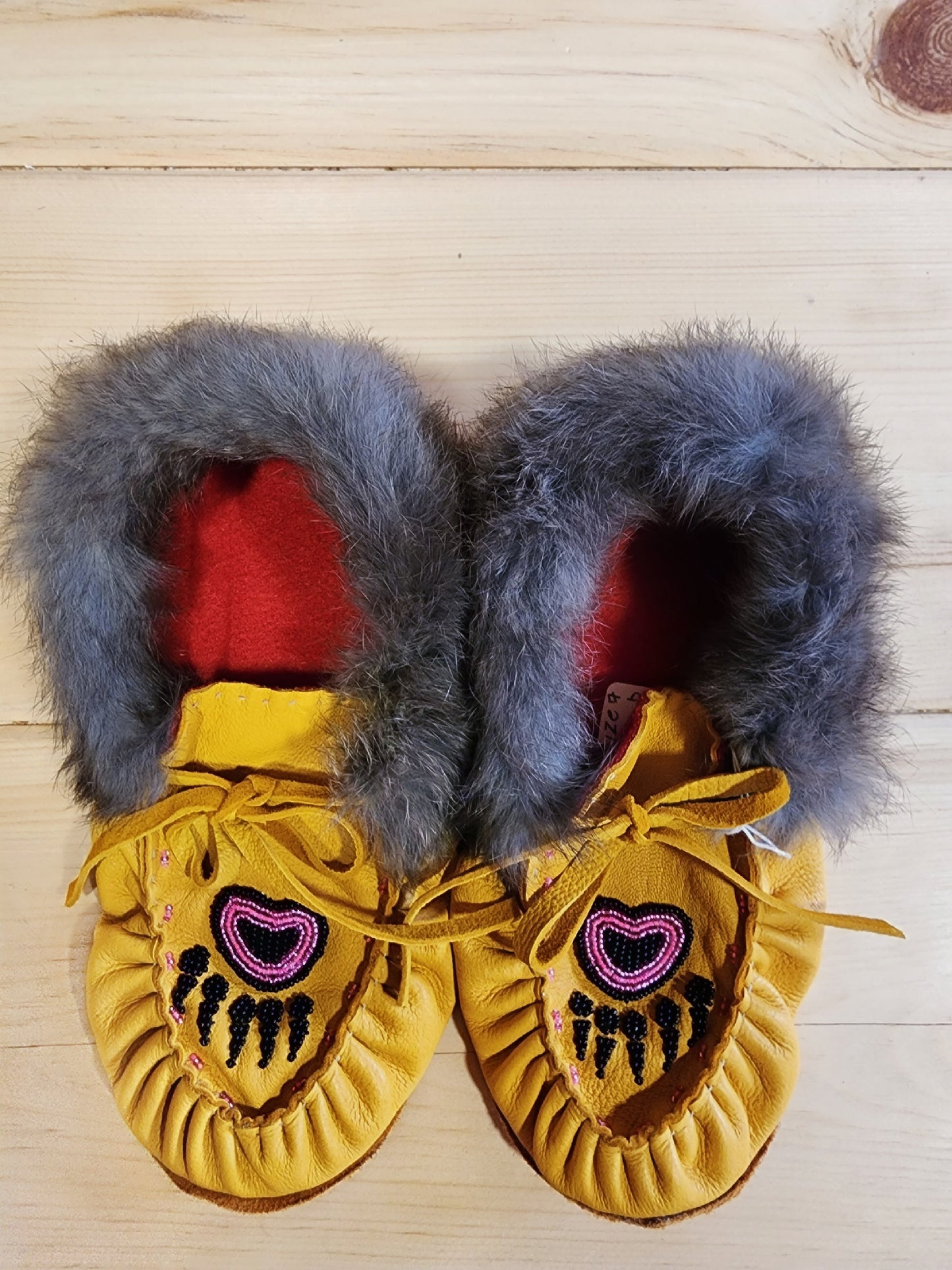 Leather Moccasins - with Rabbit Fur  - size 7 (U.S.) - with Beaded Bear Paw Design